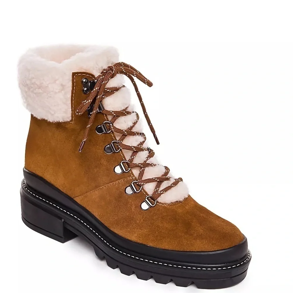 Bernardo Anthropologie Sz 7  Dasher Suede Brazil Hiking Boots Shearling Trim NWT